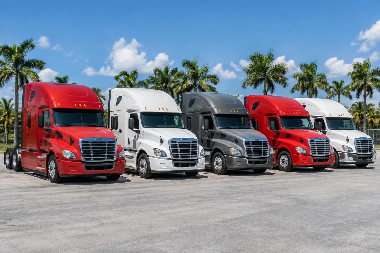 Illustrative fleet of semi-trucks parked in a Florida commercial yard